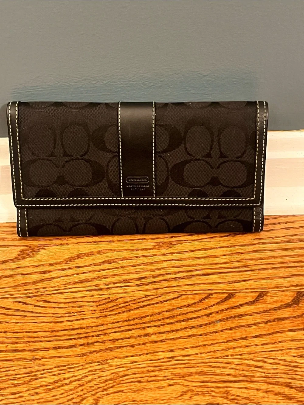 Coach Black Logo Continental Wallet with White Stitching